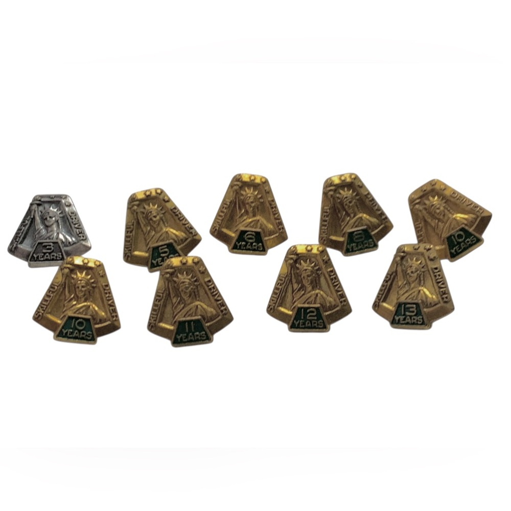 Set of 9 Gold and Silver Years of Safe Driving Service Lapel Pins Hat Pins Tie